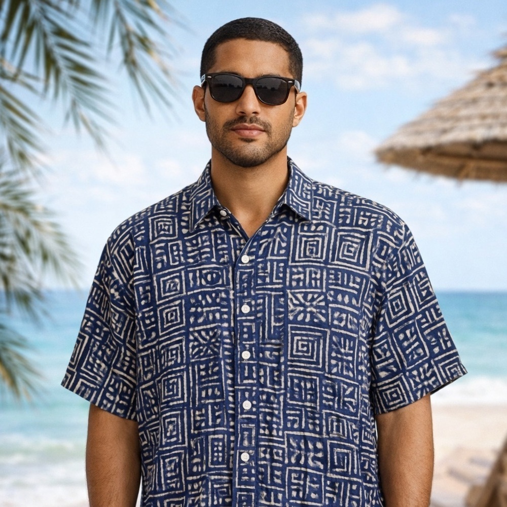Vintage Burma Bibas Men’s Size Large Blue/White Tribal Print 100% Silk Shirt